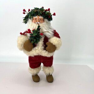 Hallmark Christmas Santa Figurine With Holly Decor‎ In Red Velvet & Fur Outfit